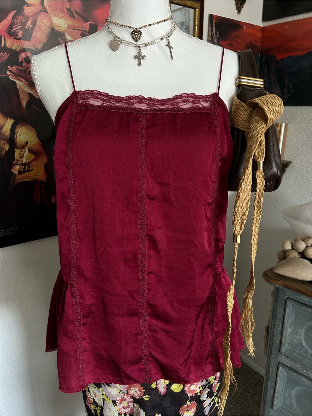 Free People Satin Camisole Size XS Lace Trim Burgundy Ruffle Whimsigoth Romantic